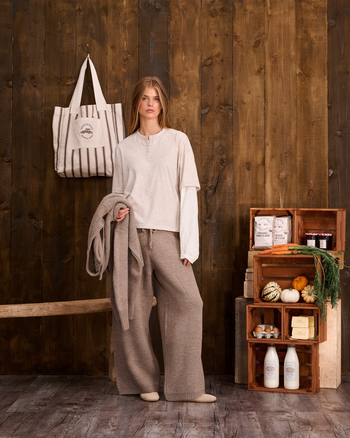 Cosima wearing the Sunday Henley and Walnut Knit Trouser